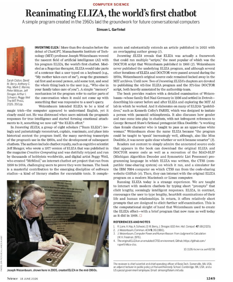 The review in Science, headlined Reanimating ELIZA, the world&rsquo;s first chatbot